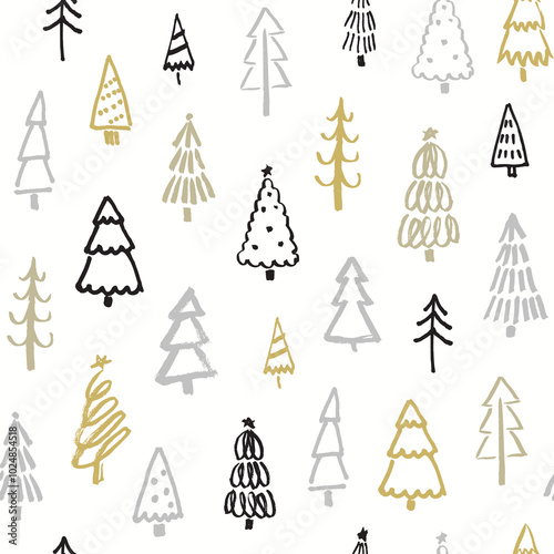 Seamless pattern with Christmas trees on white background. Hand drawn marker illustration in vector. Simple doodle for textile or wrapping paper design