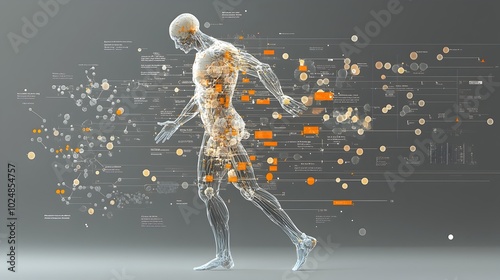 Futuristic 3D human figure with a detailed genome map and genetic markers overlaying the body representing the advancement of biotechnology medical research and personalized healthcare