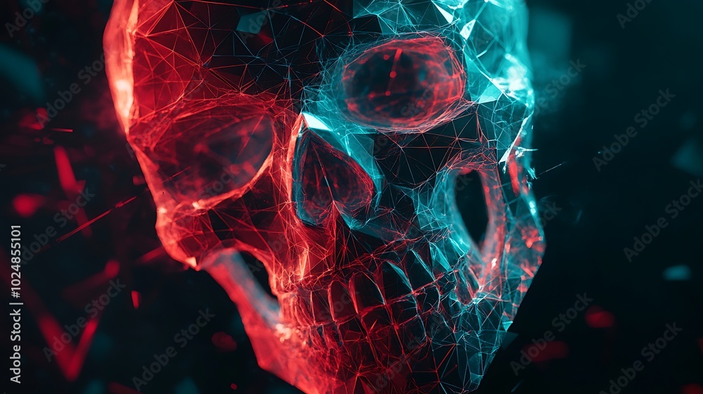 A geometric skull made up of interlocking triangles, squares, and hexagons, with abstract graffiti strokes in vibrant hues like lime green, red, and cyan filling each shape. A geometric skull made up of interlocking triangles, squares, and hexagons, with abstract graffiti strokes in vibrant hues like lime green, red, and cyan filling each shape.