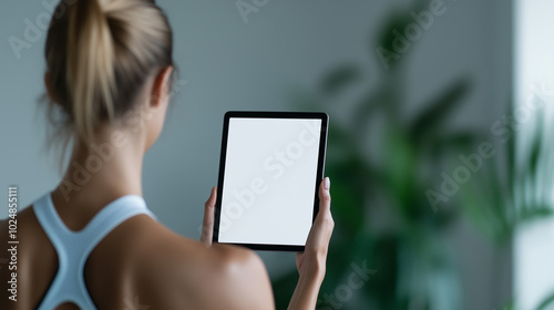 Woman in gym outfit holding black tablet mockup with white blank screen at studio
