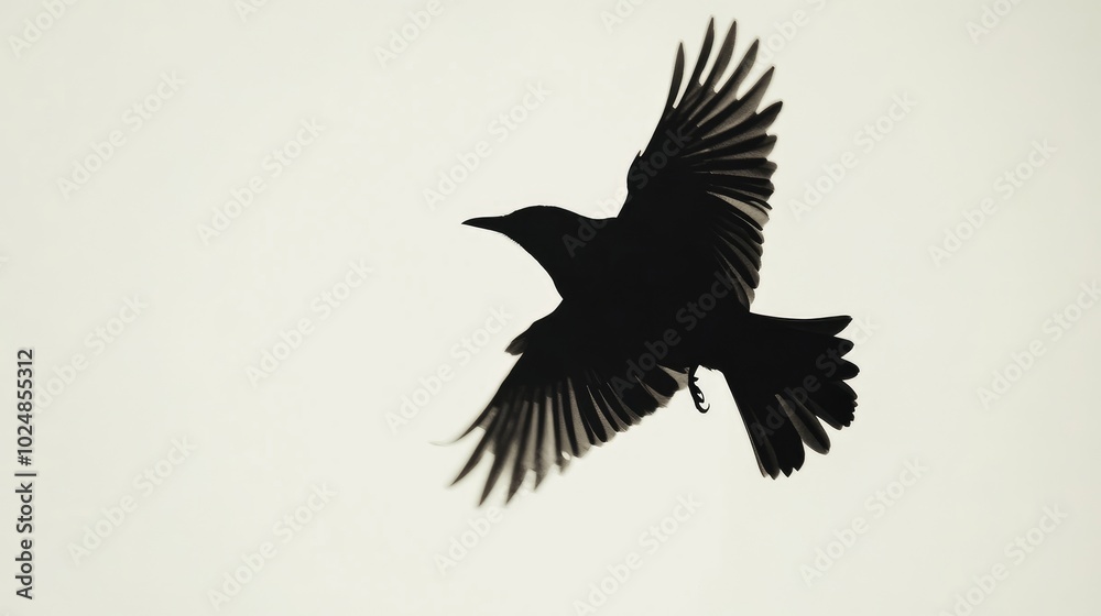 Obraz premium Black silhouette of a bird mid-flight, starkly set against a bright white background, emphasizing simplicity and contrast.