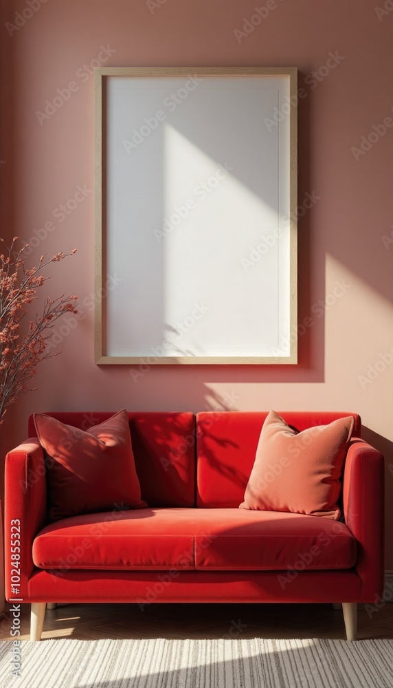 minimalistic interrior desighn with red sofa and blank canvas mockup on a wall. A 3D render of a minimalist living room with a blue velvet red sofa and a large square picture frame on a wall minimalistic interrior desighn with red sofa and blank canvas mockup on a wall. A 3D render of a minimalist living room with a blue velvet red sofa and a large square picture frame on a wall