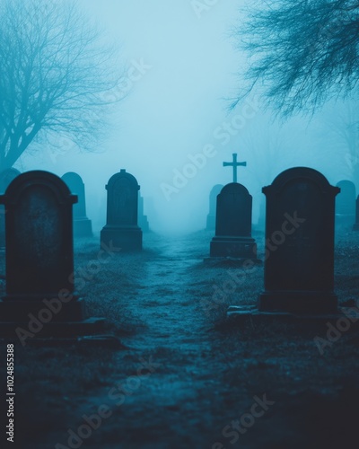 A misty graveyard scene with tombstones and a cross in a foggy atmosphere. photo