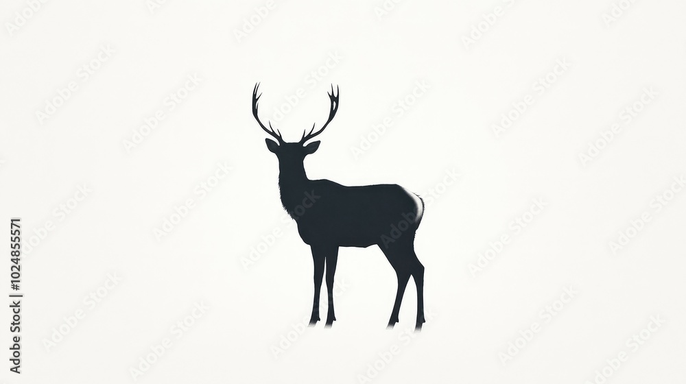 Black silhouette of a standing deer with antlers, elegantly outlined against a bright white background, creating a striking minimalist contrast. Black silhouette of a standing deer with antlers, elegantly outlined against a bright white background, creating a striking minimalist contrast.