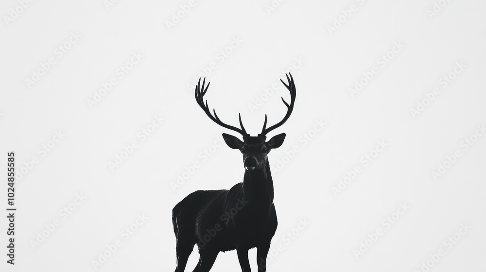 Black silhouette of a standing deer with antlers, elegantly outlined against a bright white background, creating a striking minimalist contrast. Black silhouette of a standing deer with antlers, elegantly outlined against a bright white background, creating a striking minimalist contrast.