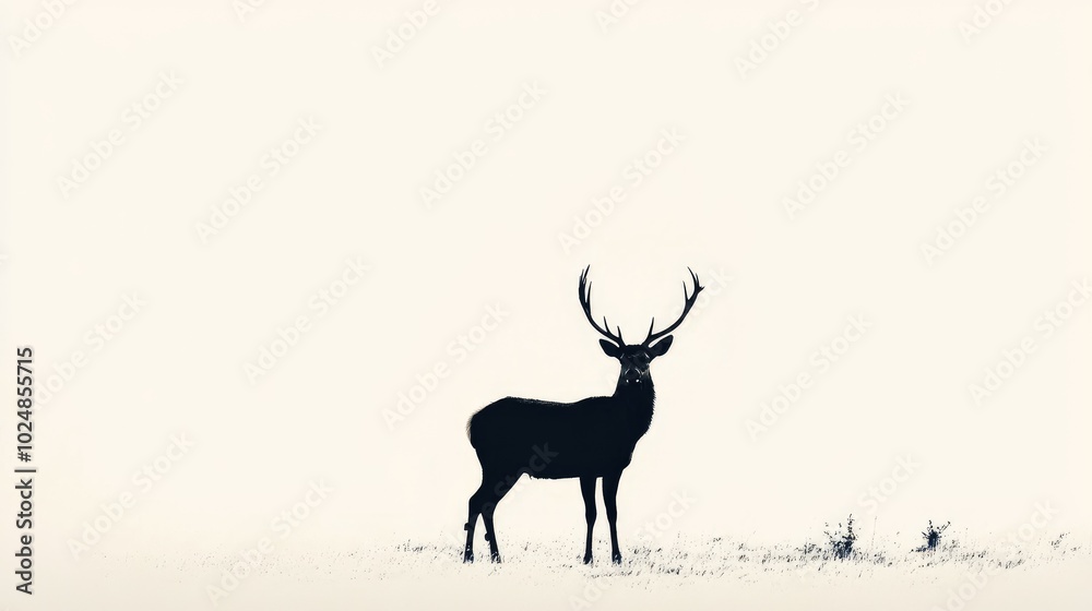 Minimalist scene of a deeras black silhouette, standing proudly with antlers raised, set against a vivid white background for a bold contrast. Minimalist scene of a deeras black silhouette, standing proudly with antlers raised, set against a vivid white background for a bold contrast.