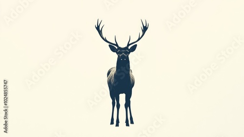 Minimalist scene of a deeras black silhouette, standing proudly with antlers raised, set against a vivid white background for a bold contrast.