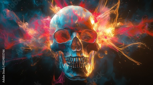 A graffiti skull illuminated by a burst of neon colors, dynamic lines and splashes surrounding it, creating a chaotic yet mesmerizing effect. Bright cyan, red,