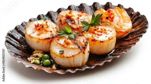 Deliciously grilled scallops served on a decorative shell, garnished with herbs for a perfect seafood dish.