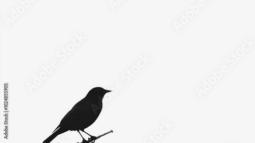 Silhouette of a black bird perched delicately, contrasting against a pure white background for a visually striking minimalist effect.