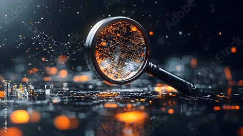 Wallpaper Mural Futuristic magnifying glass hovering over a glowing intricate city skyline at night representing business analysis data visualization and growth potential Torontodigital.ca