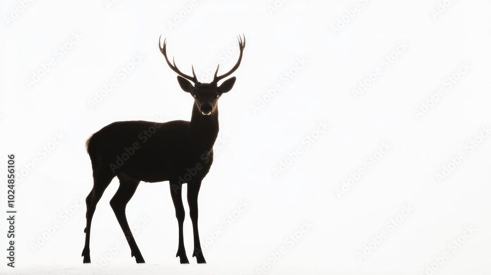 Silhouette of a deer standing still, its black figure sharply defined against a bright white background, highlighting minimalism and grace. Silhouette of a deer standing still, its black figure sharply defined against a bright white background, highlighting minimalism and grace.