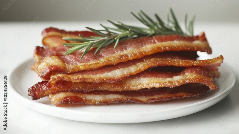 Crispy Bacon Slices on a Plate with Rosemary Garnish Crispy Bacon Slices on a Plate with Rosemary Garnish