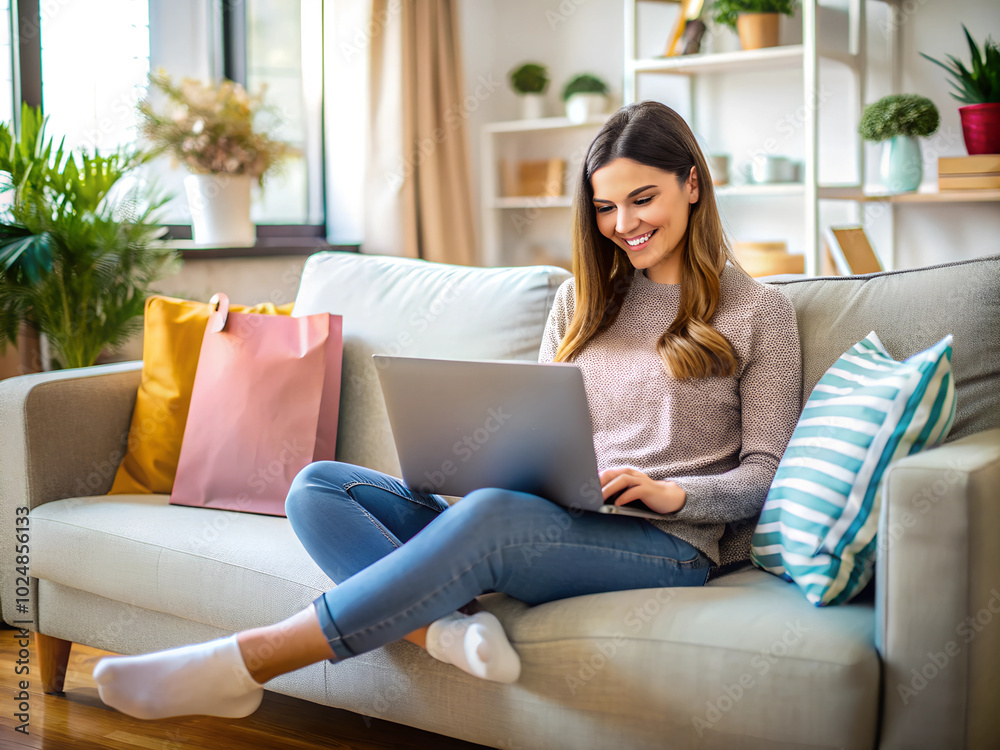 Young woman lying relaxing on sofa at home shopping online on internet on computer. Millennial girl rest couch buy purchase on laptop black Friday or seasonal sales. Promotion and discount. Young woman lying relaxing on sofa at home shopping online on internet on computer. Millennial girl rest couch buy purchase on laptop black Friday or seasonal sales. Promotion and discount.