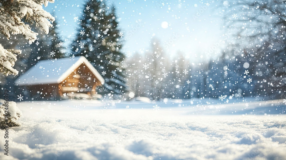 Snowflakes gently falling in front of a snow-covered landscape with room for copy space Snowflakes gently falling in front of a snow-covered landscape with room for copy space