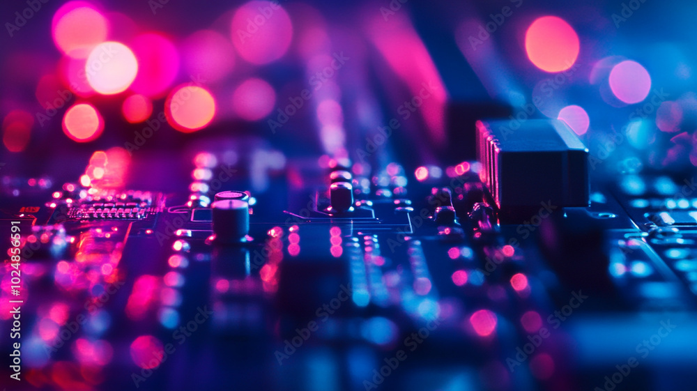 Fototapeta premium Close-up view of a circuit board illuminated by colorful lights at a tech event
