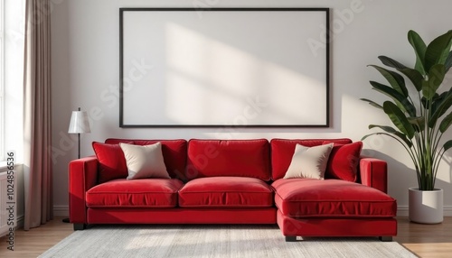 minimalistic interrior desighn with red sofa and blank canvas mockup on a wall. A 3D render of a minimalist living room with a blue velvet red sofa and a large square picture frame on a wall