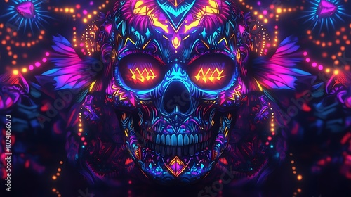 A skull adorned with intricate tribal designs, featuring bold lines, geometric shapes, and glowing colors like bright blue, pink, and yellow. The patterns are symmetrically arranged,