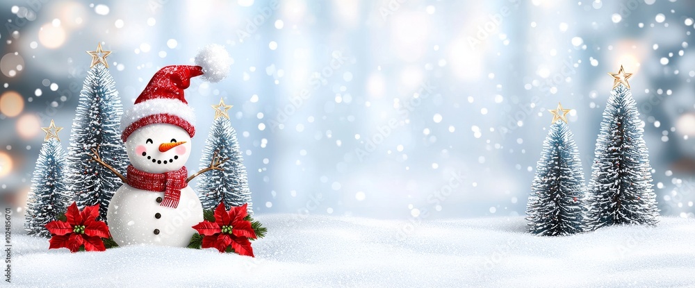 Snowman in winter wonderland with light trees and falling snow.