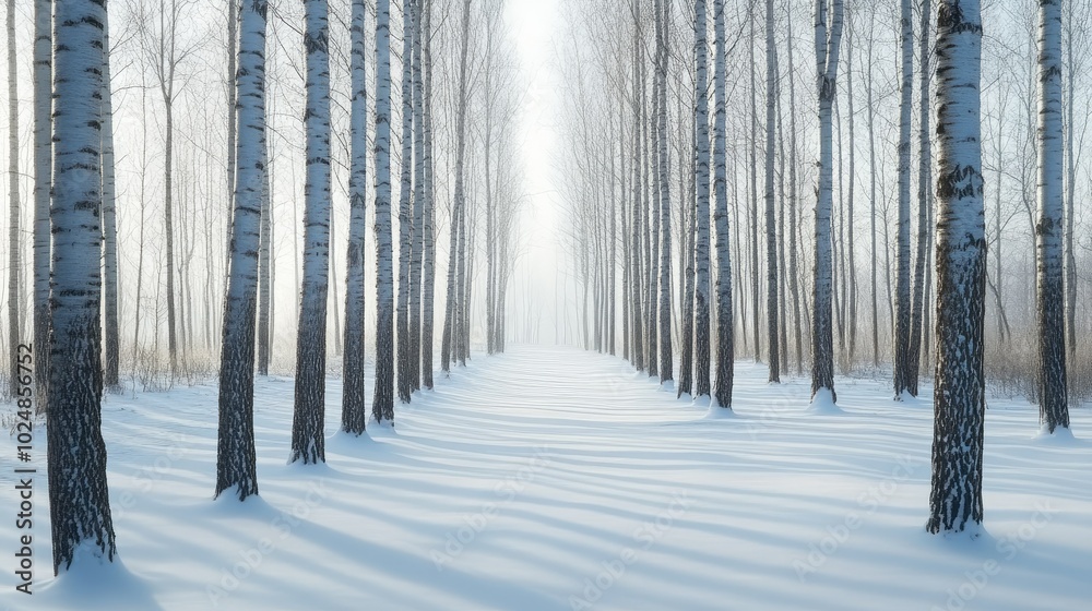 Naklejka premium Snowy path leading through a forest of bare trees, open space for text or design elements