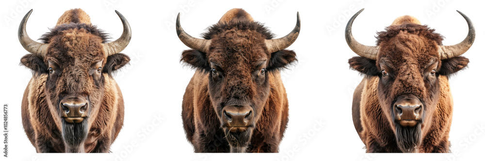 Wild bison portrait isolated on transparent background, Set of Wild bison portrait isolated on transparent background, Set of