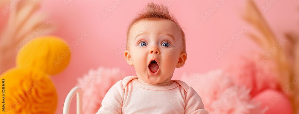 A baby with a surprised expression sits in a pink and white setting. A baby with a surprised expression sits in a pink and white setting.
