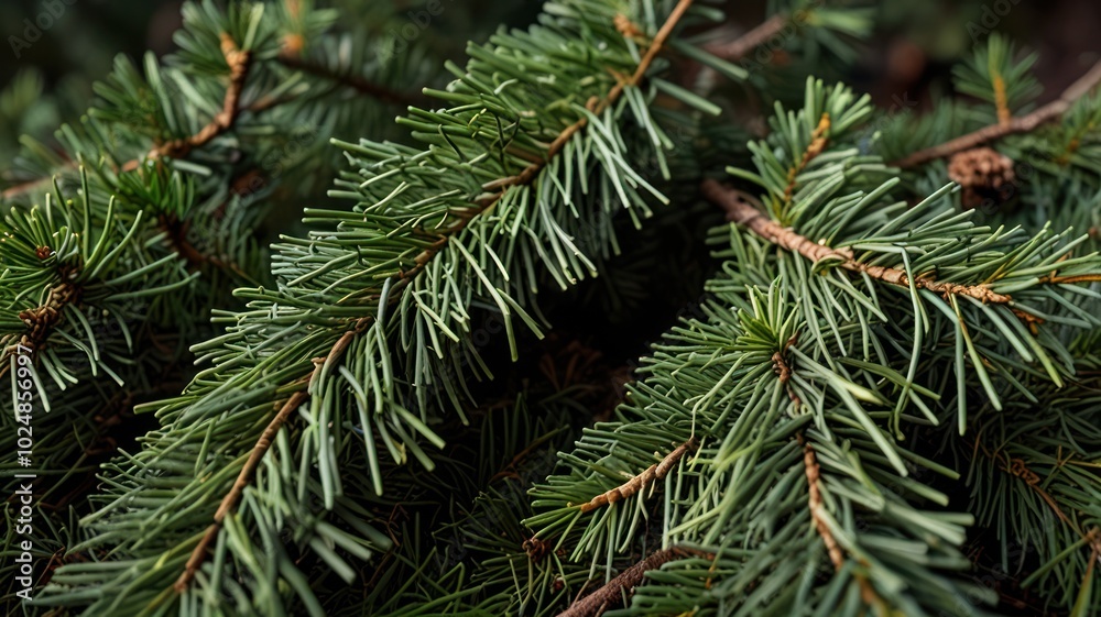 Close-up of green pine branches with a blurry background. Close-up of green pine branches with a blurry background.