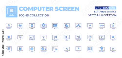 Computer screen icons collection. Line Duotone style, editable stroke. idea, settings, share, reading mode, computer, tv, screen, arroba, search, loading, video call, watching tv, layers