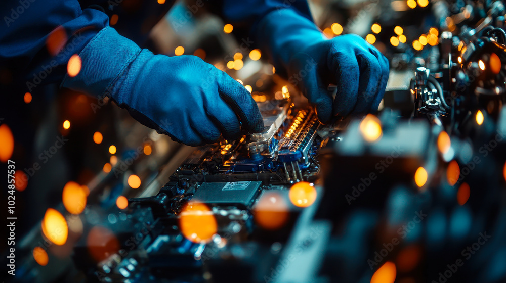 Technician Hands Repairing Car Electrical System at Auto Service Workshop with Battery Maintenance and Sparks in Background, Professional Automotive Mechanic Checking Vehicle Components Technician Hands Repairing Car Electrical System at Auto Service Workshop with Battery Maintenance and Sparks in Background, Professional Automotive Mechanic Checking Vehicle Components