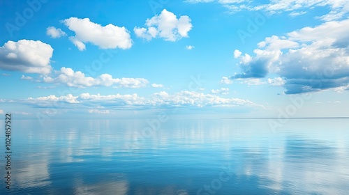 The calm, blue sea in a European coastal setting with wide open copy space above. No people or boats in sight