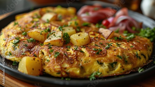 Delightful homemade potato and herb omelette served with fresh vegetables on a rustic wooden table. Generative AI