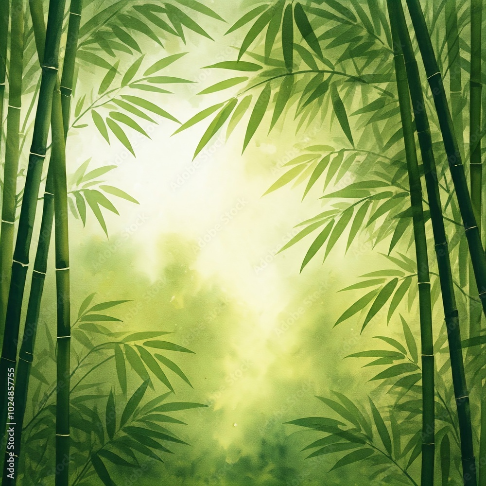 Dense bamboo with sparse areas in the middle, in watercolor style. Dense bamboo with sparse areas in the middle, in watercolor style.