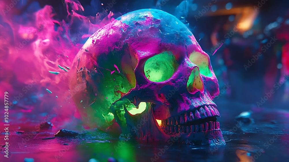 Fototapeta premium A skull breaking apart into vivid graffiti splashes and swirling lines, its form dissolving into abstract shapes of neon green, blue, and pink. The glowing colors contrast sharply against the dark,
