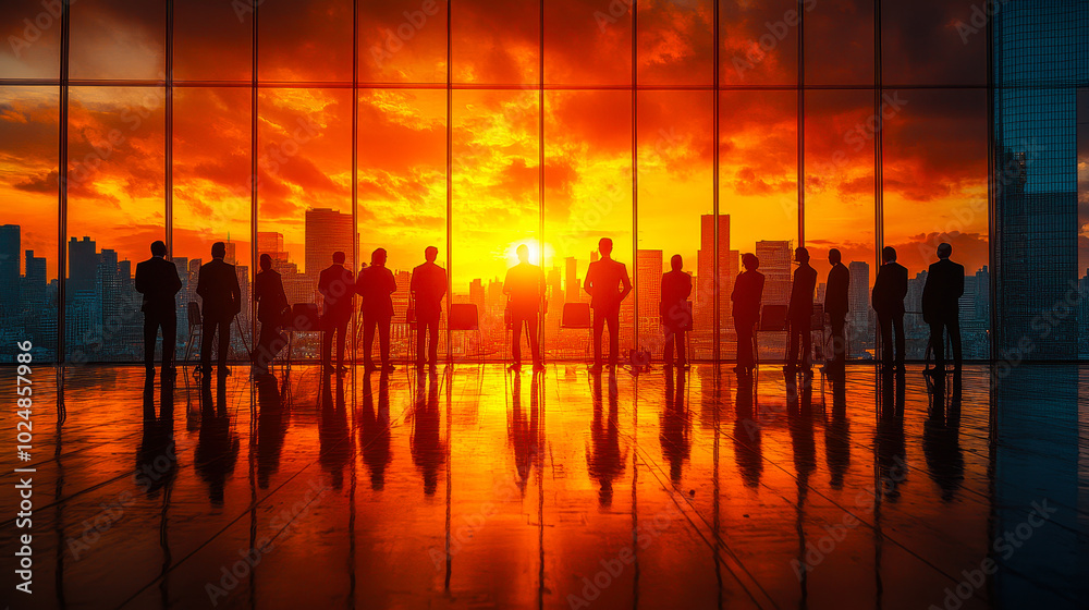 Business Team Meeting at Sunrise in Modern Office, Project Governance and Oversight, Diverse Group of Business Professionals Overseeing Project, Urban City Skyline Background Business Team Meeting at Sunrise in Modern Office, Project Governance and Oversight, Diverse Group of Business Professionals Overseeing Project, Urban City Skyline Background