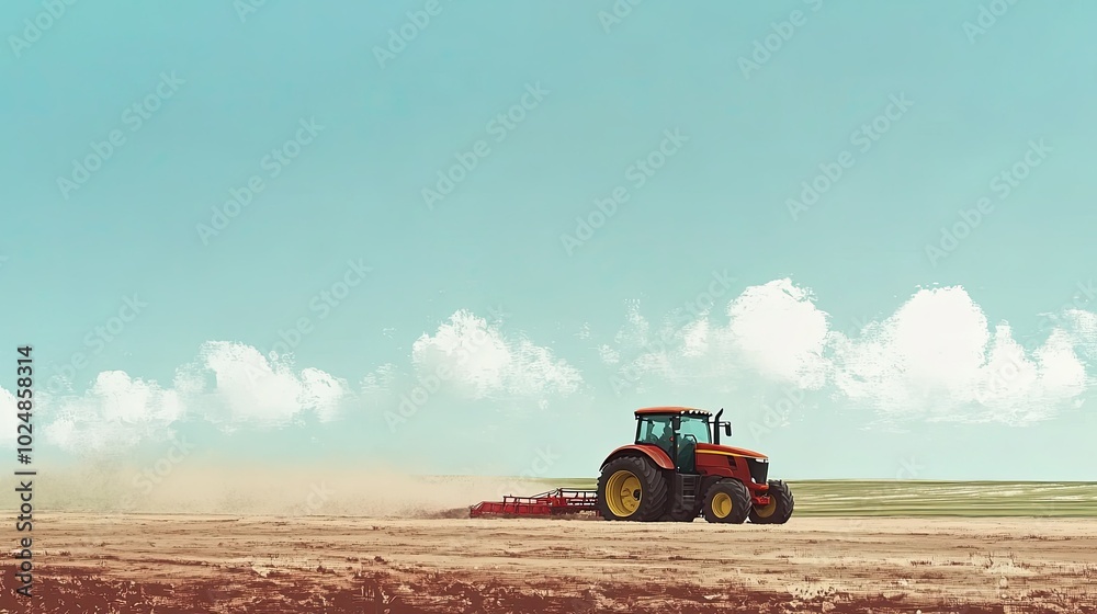 Fototapeta premium Tractor spreading fertilizer on a farm, with open space in the sky for text. No people in the scene