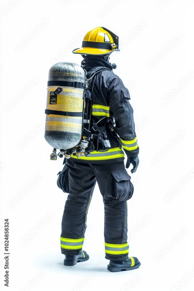 A young firefighter, wearing a fireproof uniform, walks toward the camera holding a helmet in his hands.