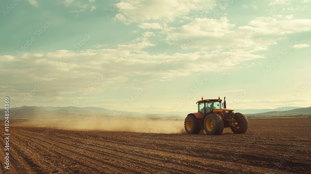 Tractor spreading fertilizer on a farm, with open space in the sky for text. No people in the scene Tractor spreading fertilizer on a farm, with open space in the sky for text. No people in the scene