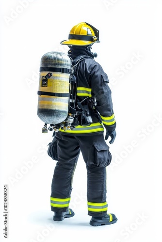 A young firefighter, wearing a fireproof uniform, walks toward the camera holding a helmet in his hands.