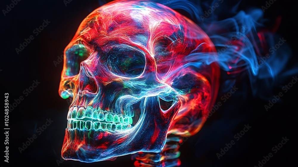 A skull consumed by swirling, chaotic graffiti shapes, with neon red, green, and blue colors blending into the chaotic patterns. The graffiti lines wrap around the skull, A skull consumed by swirling, chaotic graffiti shapes, with neon red, green, and blue colors blending into the chaotic patterns. The graffiti lines wrap around the skull,