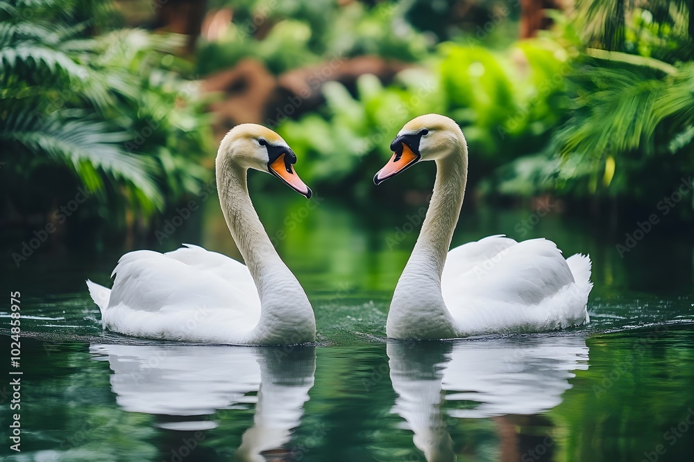 Obraz premium Couple of swans swimming on a calm lake An elegant pair of swans swimming in sync on a smooth lake surrounded by lush vegetation.