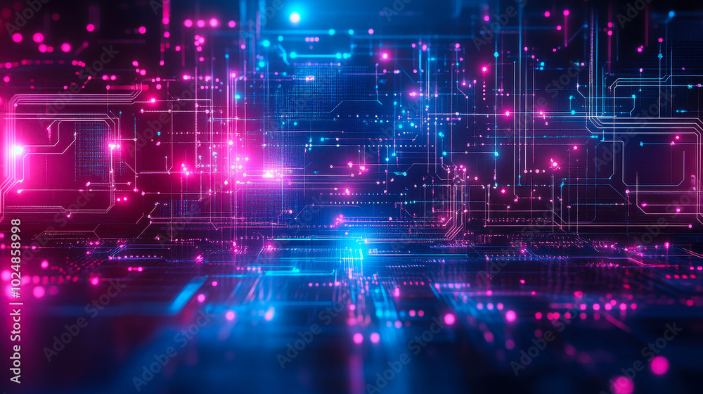 Futuristic Digital Circuit Board with Neon Blue and Pink Lights, AI Big Data Network, Cybertech Innovation Background Futuristic Digital Circuit Board with Neon Blue and Pink Lights, AI Big Data Network, Cybertech Innovation Background