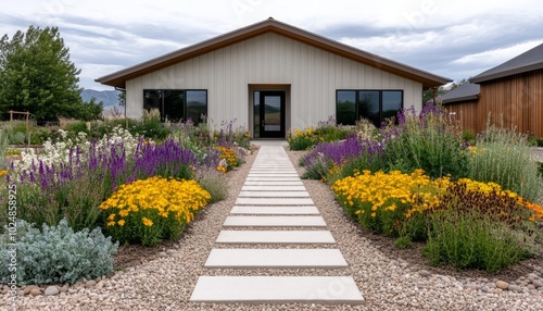 A modern house with a pathway surrounded by colorful flowers and lush greenery.