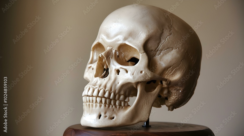 Realistic Human Skull Model Displayed on a Wooden Base, Perfect for Educational Purposes and Medical Studies Realistic Human Skull Model Displayed on a Wooden Base, Perfect for Educational Purposes and Medical Studies