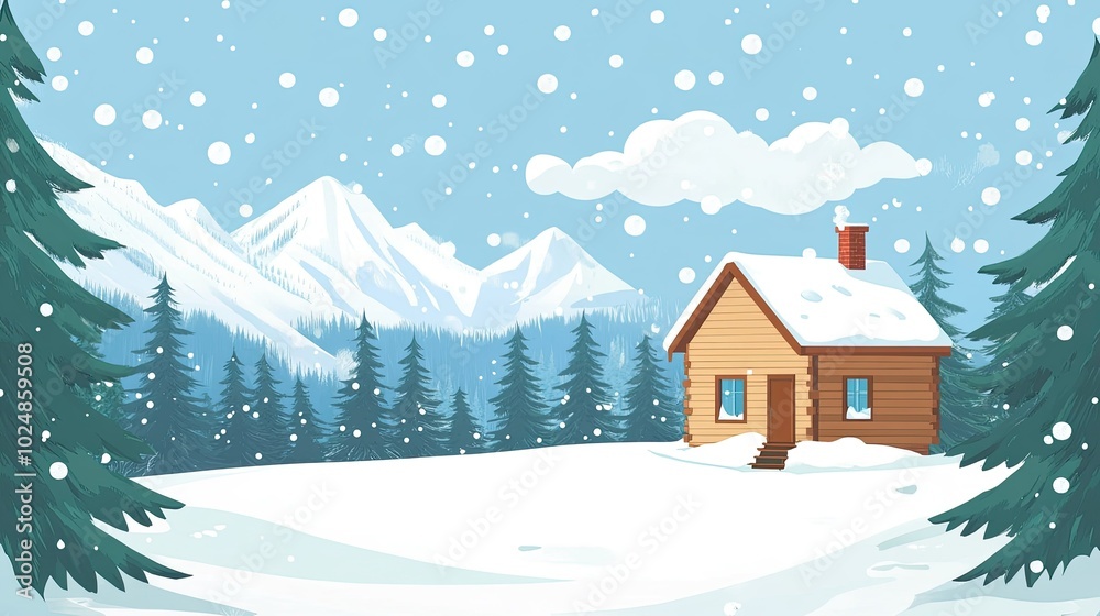 Fototapeta premium Winter cabin nestled in a snowy forest with large sky space for text
