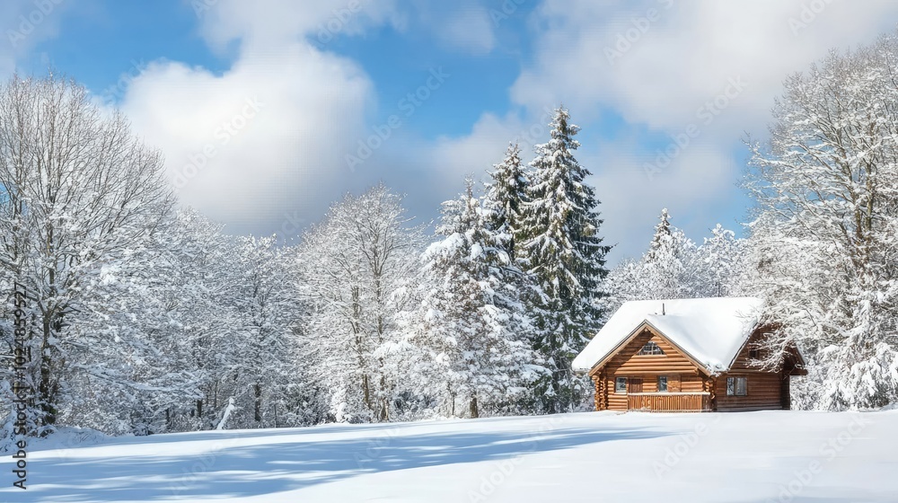Winter cabin nestled in a snowy forest with large sky space for text Winter cabin nestled in a snowy forest with large sky space for text