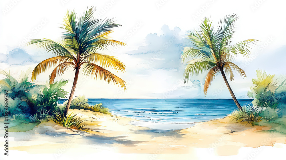 Serene Watercolor Painting of Palm Trees on Tropical Beach with Ocean View Perfect for Summer Travel Vacation Designs Serene Watercolor Painting of Palm Trees on Tropical Beach with Ocean View Perfect for Summer Travel Vacation Designs