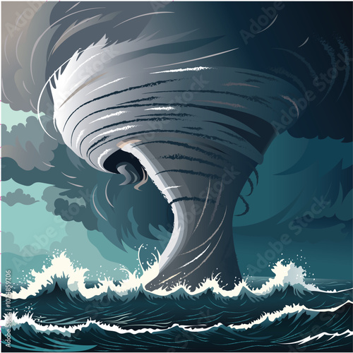 A highly detailed vector illustration of a tornado over the sea, ideal for branding, educational materials, or custom designs. Fully editable to fit a variety of creative projects