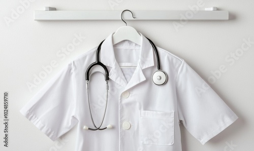 Printed copy space over white background shows a white coat of a doctor with a stethoscope attached to a hanger.