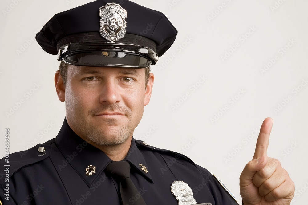 Caucasian young man in police uniform pointing in anger, without making any gestures Caucasian young man in police uniform pointing in anger, without making any gestures