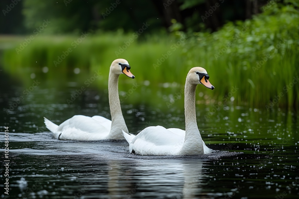 Couple of swans swimming on a calm lake An elegant pair of swans swimming in sync on a smooth lake surrounded by lush vegetation. Couple of swans swimming on a calm lake An elegant pair of swans swimming in sync on a smooth lake surrounded by lush vegetation.